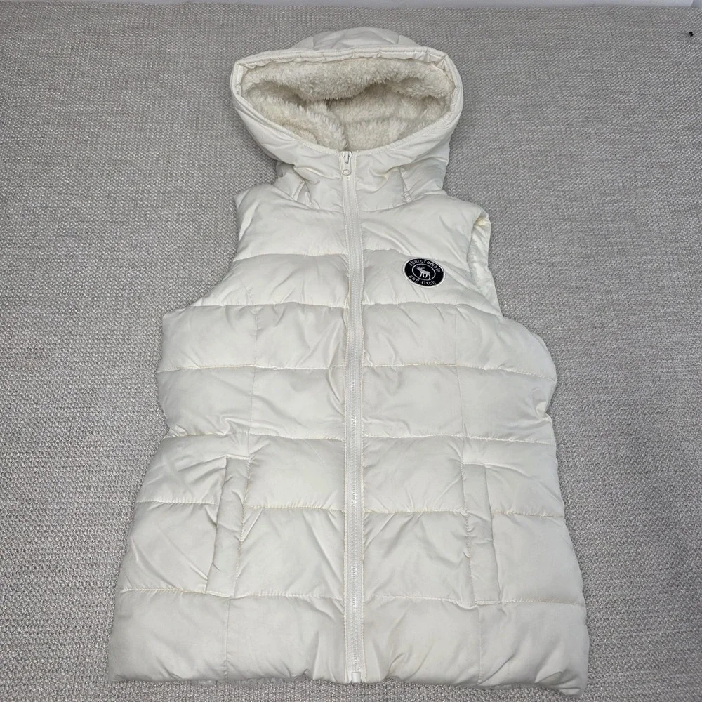 ABERCROMBIE KIDS Girl's Youth Vest Size XL Cream Fleece Puffer Zip up Hooded‎